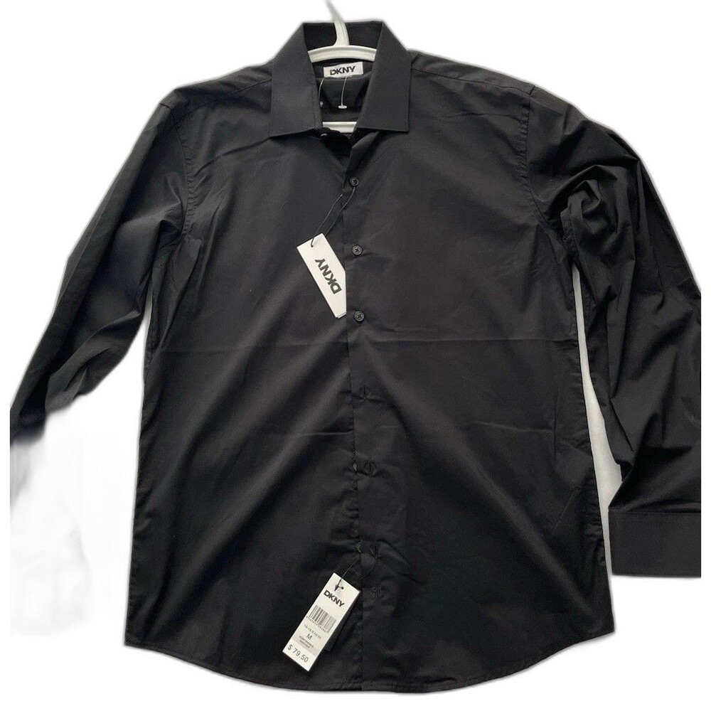 DKNY Mens Polo Shirt Stretch Wrinkle Resistant Medium Solid Black Office NWT